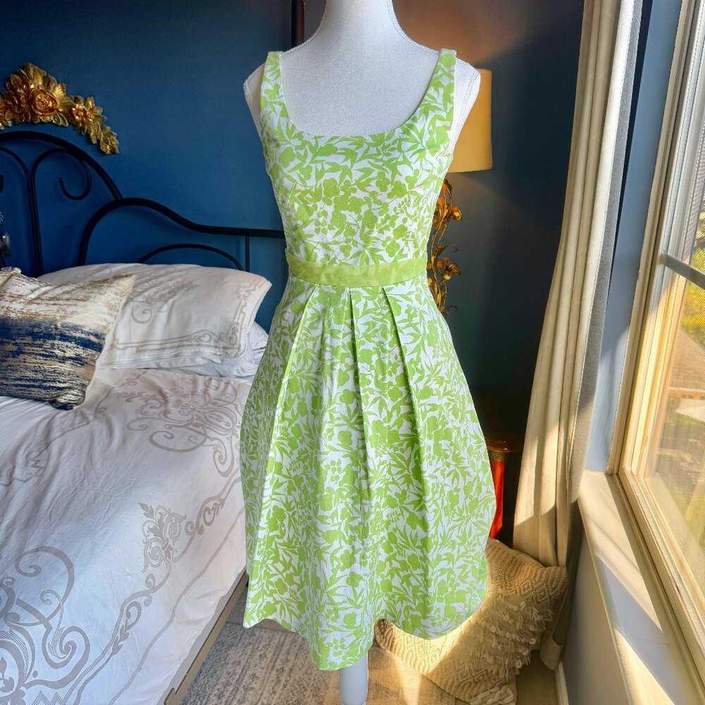 Lime Green and Off  White Floral Tea Dress Vintage